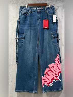 Southpole Womens Size 9/29 Graffiti Wide Leg Cargo Jeans Grunge Punk Y2K Baggy